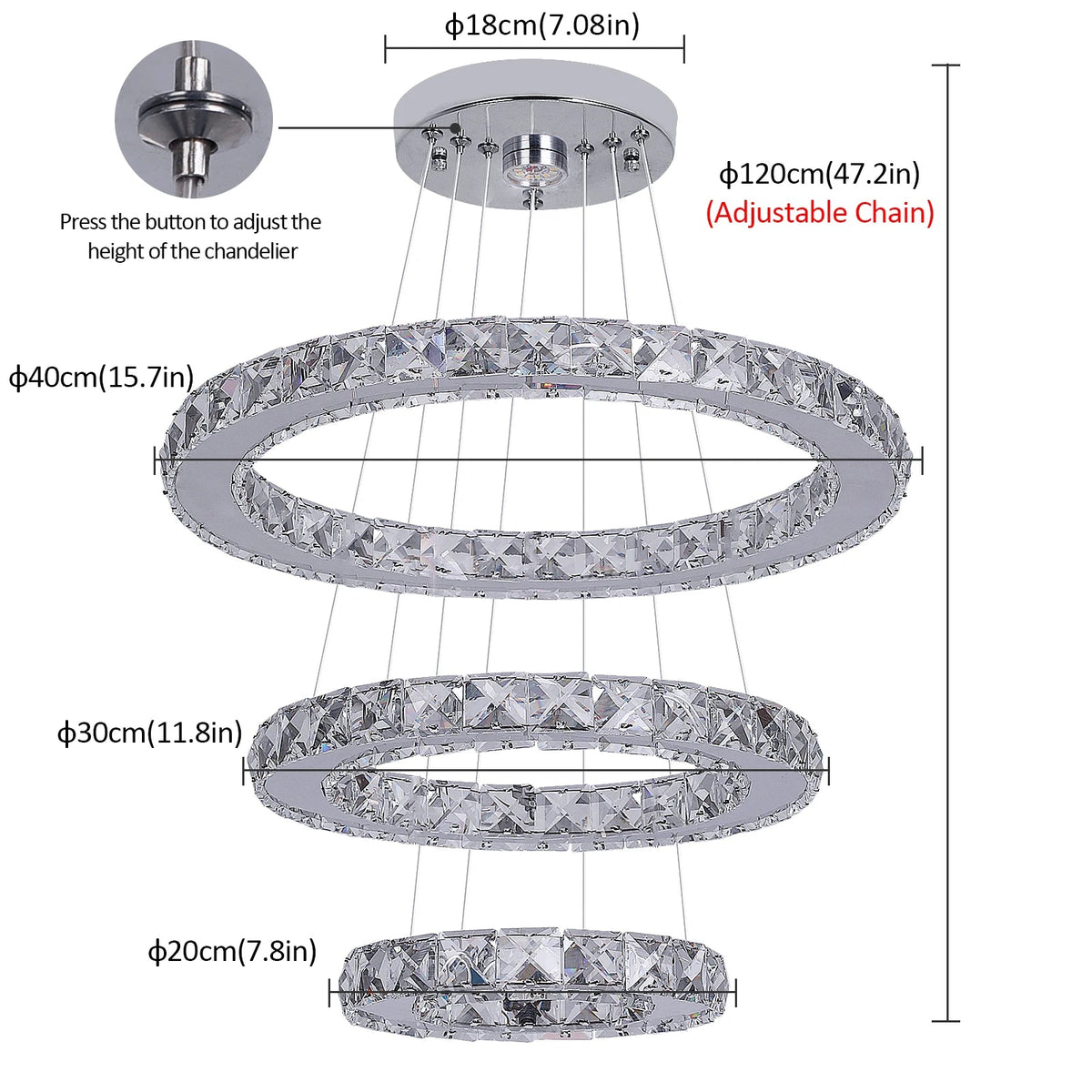 Kristall LED Pendellampa – 3 Ringar 47W