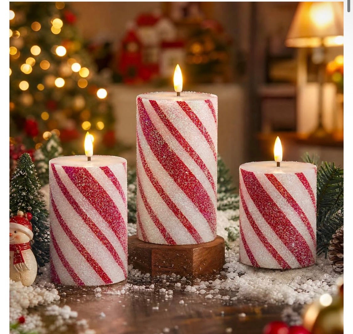 LED-Juleljus i Vax med Fjärrkontroll & Timer – Candy Cane Design (Röd/Vit)