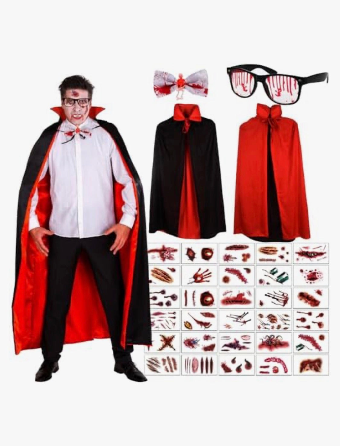 Vampyr Mantel Set (150 cm Reversibel) med Ärrtatueringar, Glasögon & Flugslips