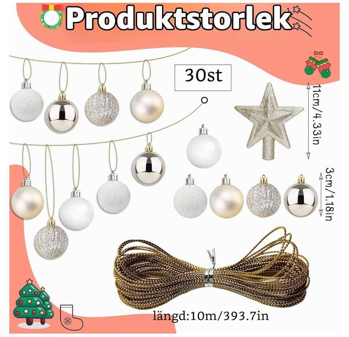 Julgransdekorationsset – 30-Pack Lyxiga Julgranskulor & Toppstjärna (Guld & Vit)