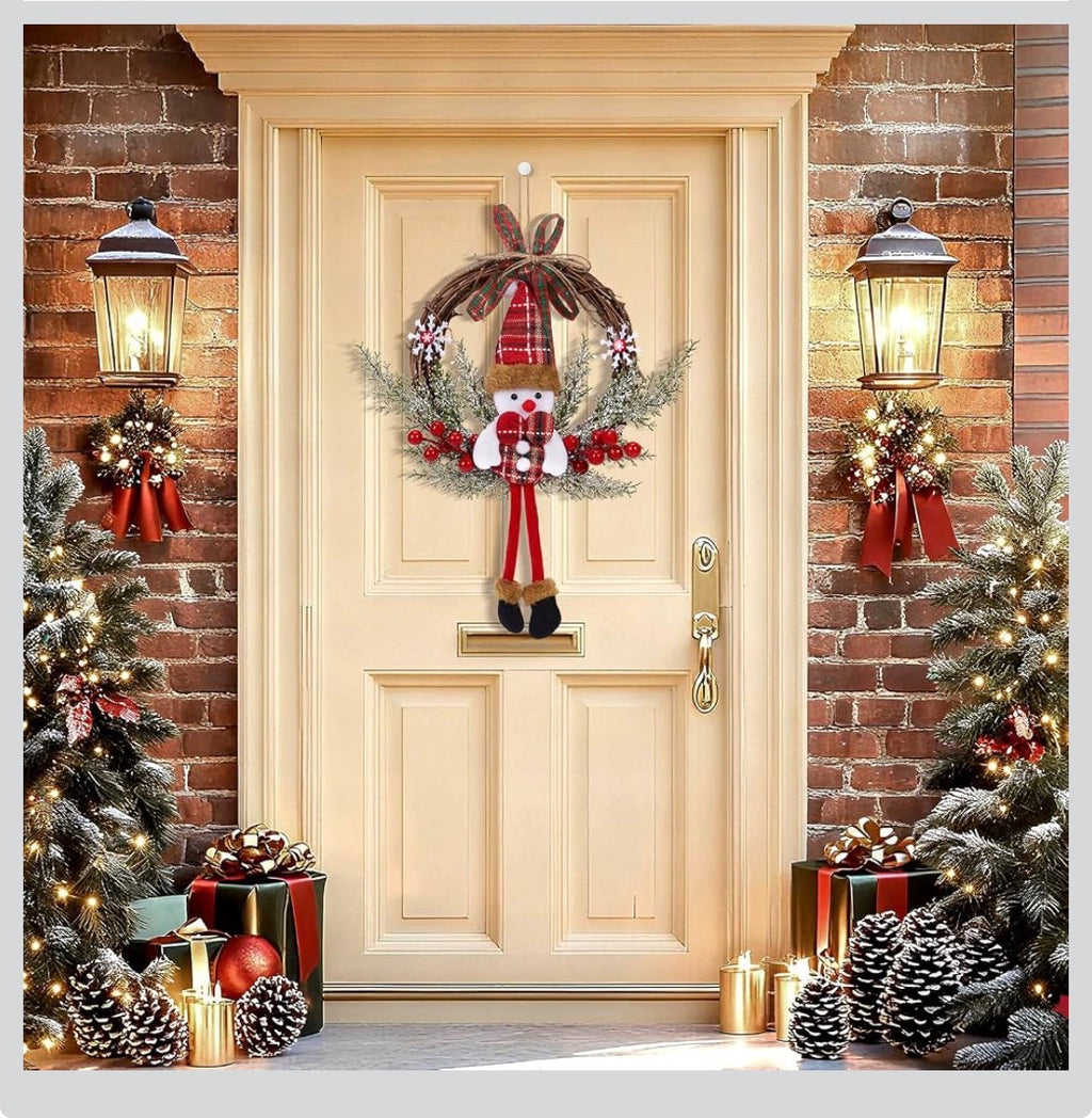 Hängande Julkrans med Snögubbe – Handgjord Juldekoration för Dörr & Fönster