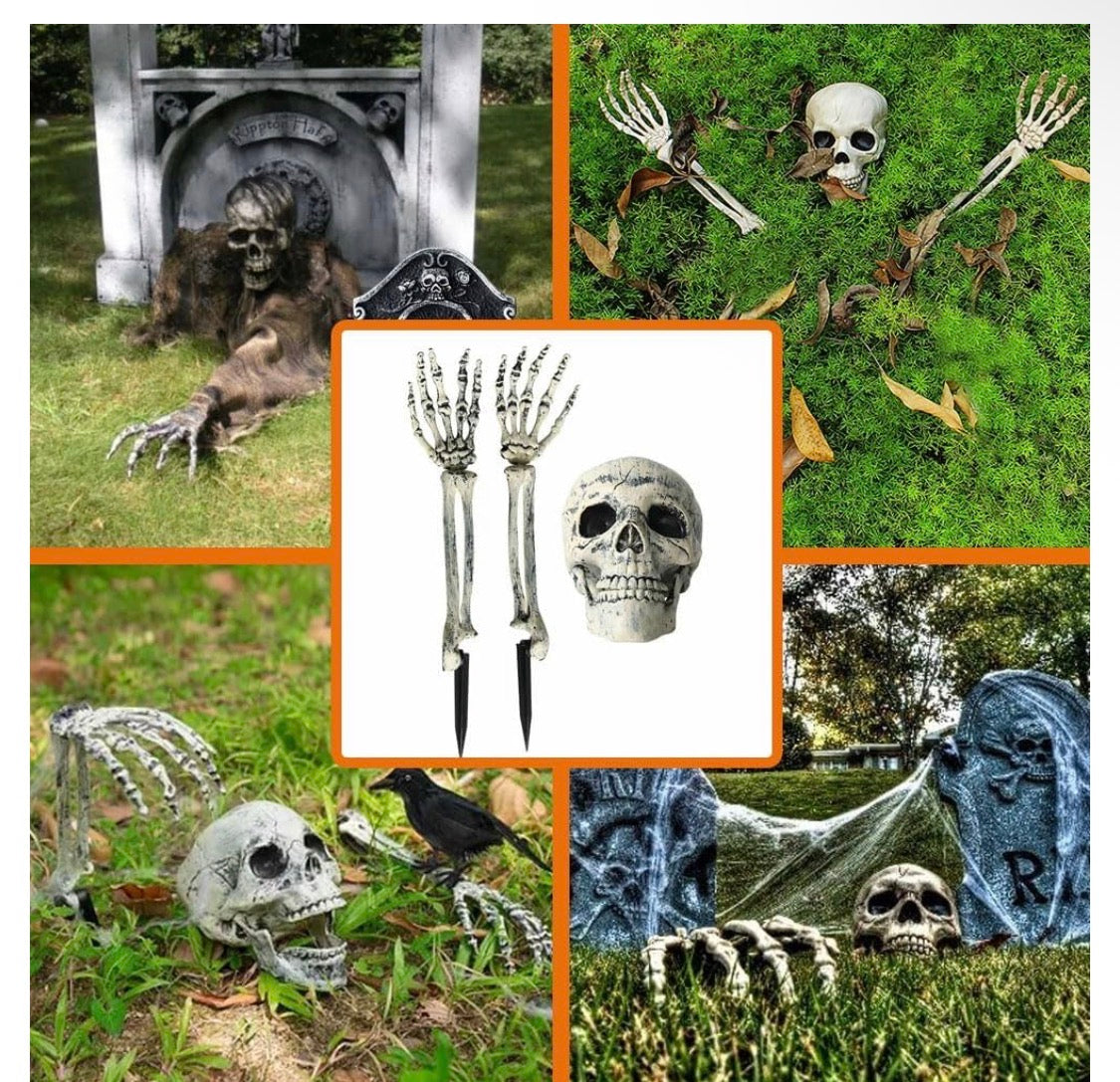 Halloween Skelett-Set för Trädgård & Gräsmatta (1 Dödskalle + 2 Skelettarmar)