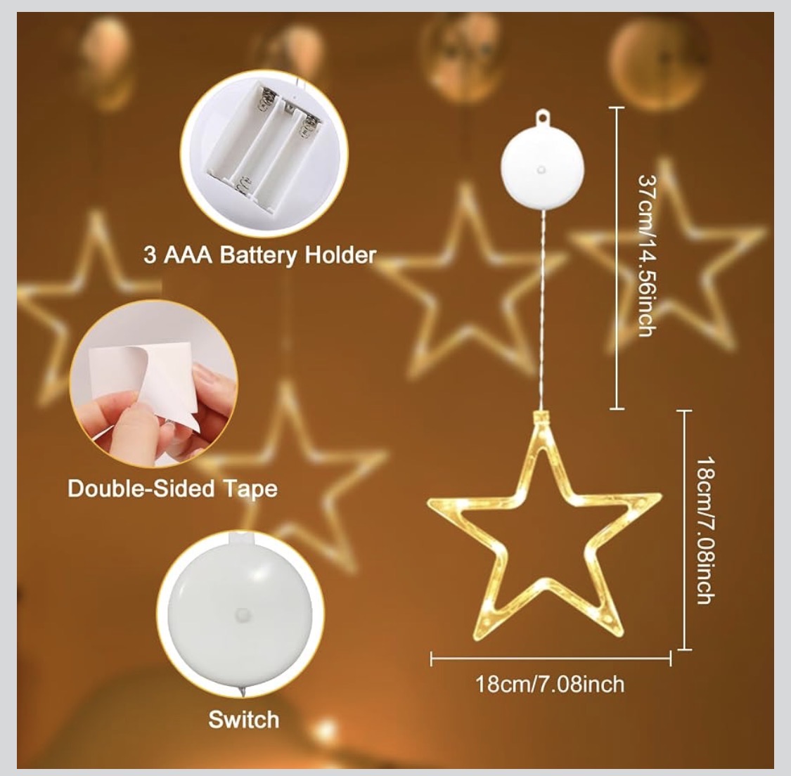 Hängande LED-Stjärnor för Fönster (3-Pack med Sugpropp & Timer)