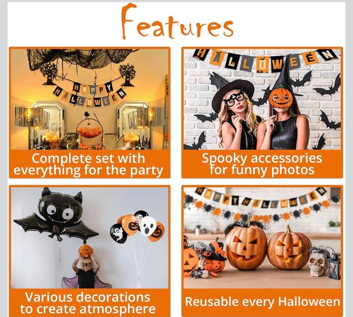 Jonami Halloween Festdekorationsset XXL – 26 Delar (Banderoll, Ballonger & Fotorekvisita)