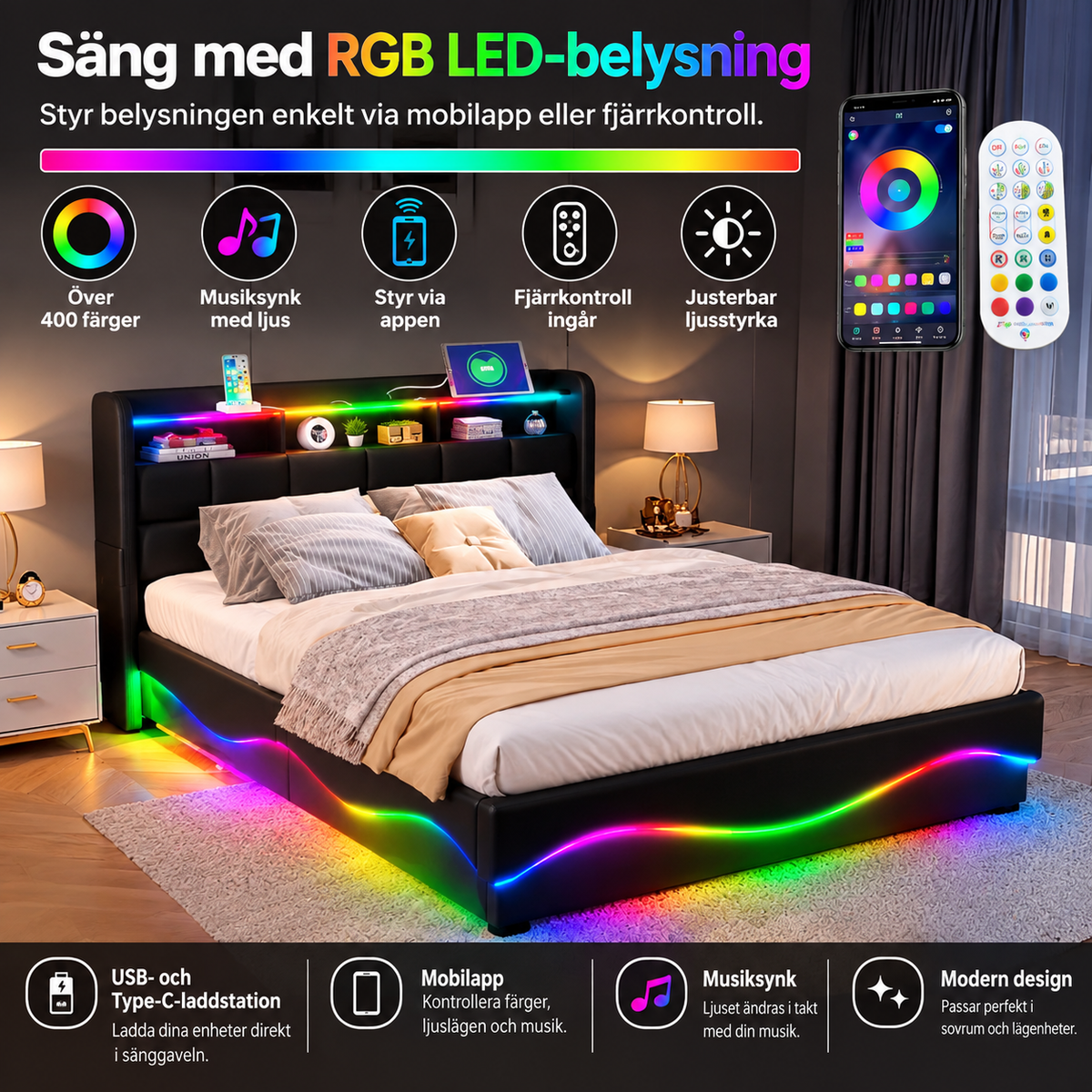 Modern sängram med RGB LED, USB-C, appstyrning bzooo aw& Music Sync