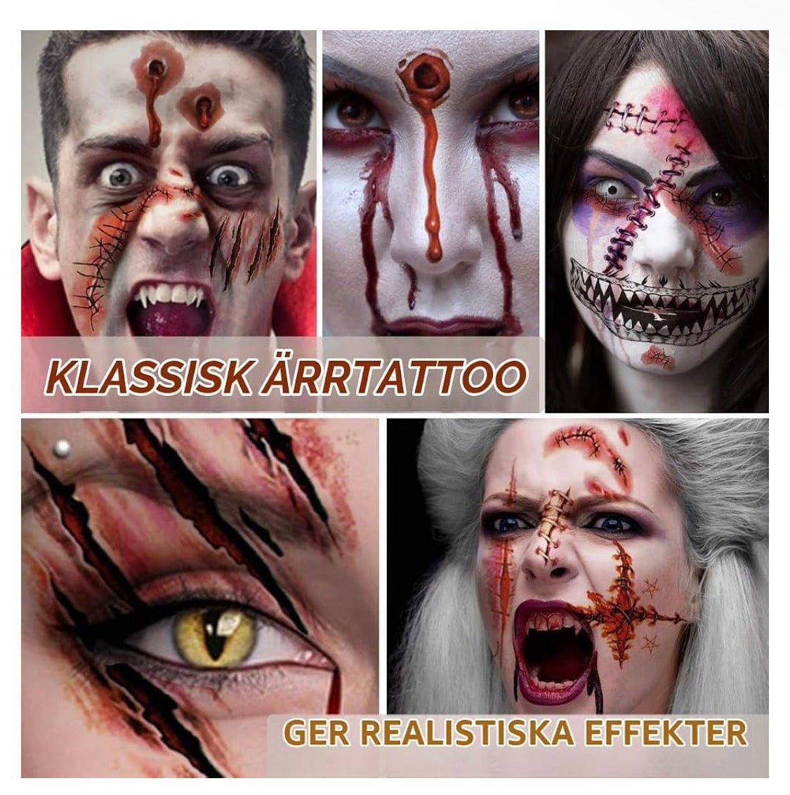 Halloween Temporära Tatueringar Set – 20 Ark (Mun, Spindlar & Ärrmotiv)