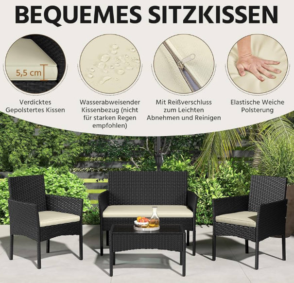 Luxury 4-Piece Garden Furniture Set – Rattan Balcony Sofa Set with Table Black & Beige