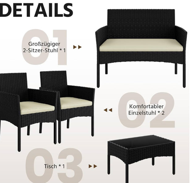 Luxury 4-Piece Garden Furniture Set – Rattan Balcony Sofa Set with Table Black & Beige