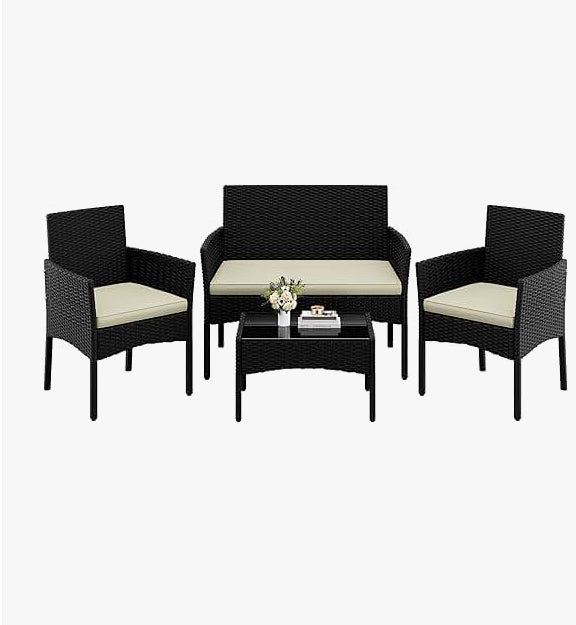 Luxury 4-Piece Garden Furniture Set – Rattan Balcony Sofa Set with Table Black & Beige