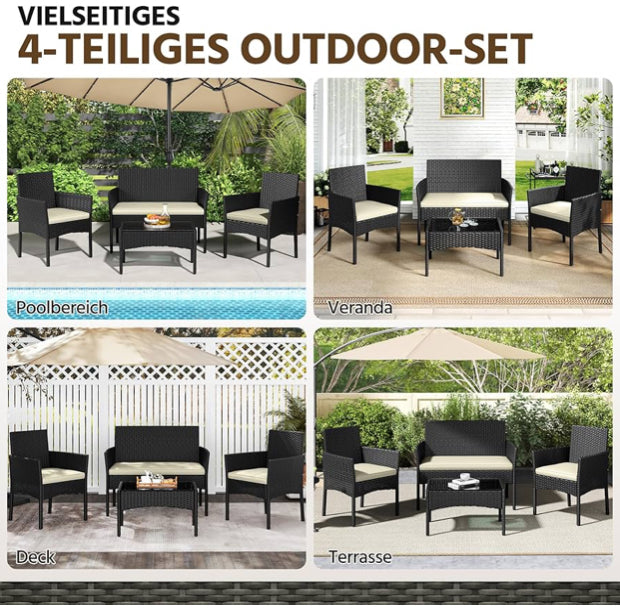 Luxury 4-Piece Garden Furniture Set – Rattan Balcony Sofa Set with Table Black & Beige
