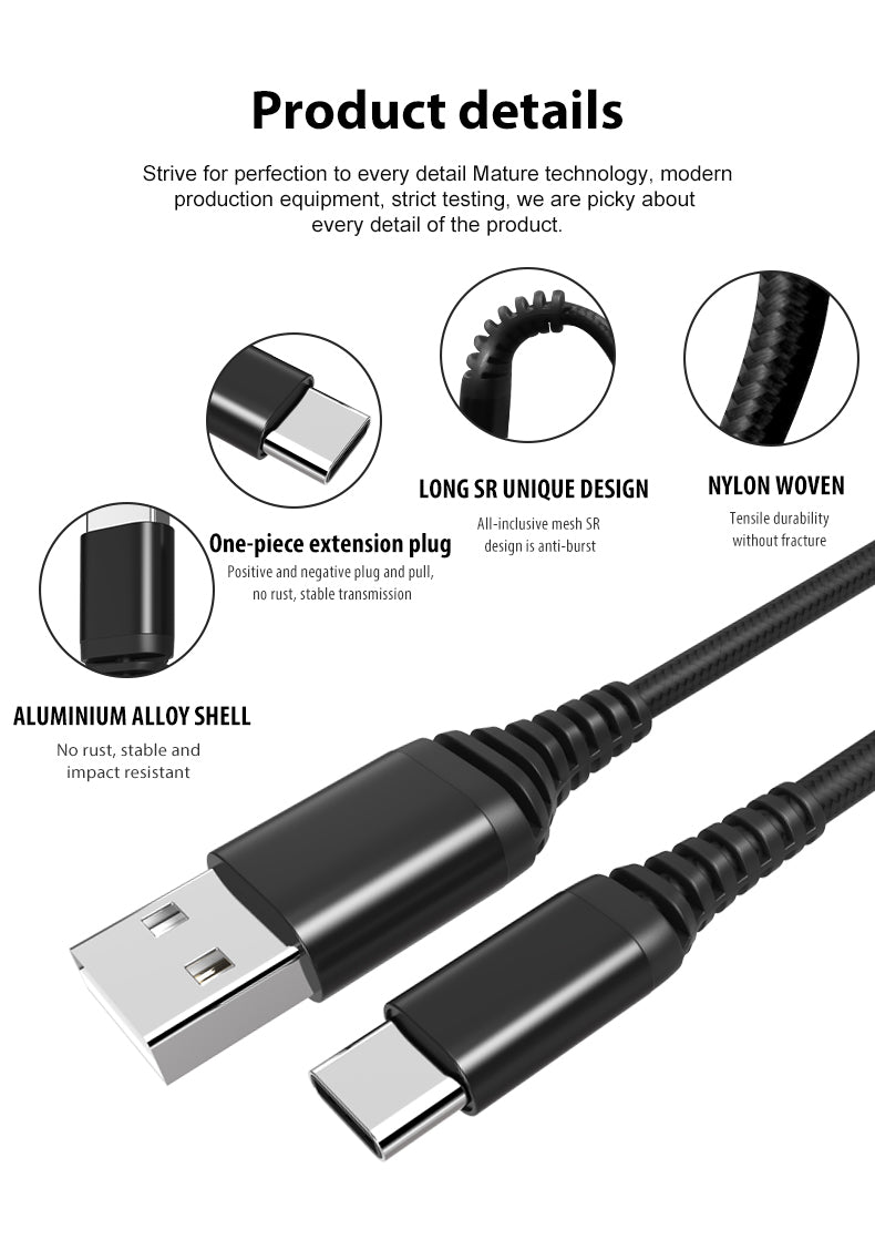 USB-A till USB-C Snabbladdningskabel 3A – Nylon