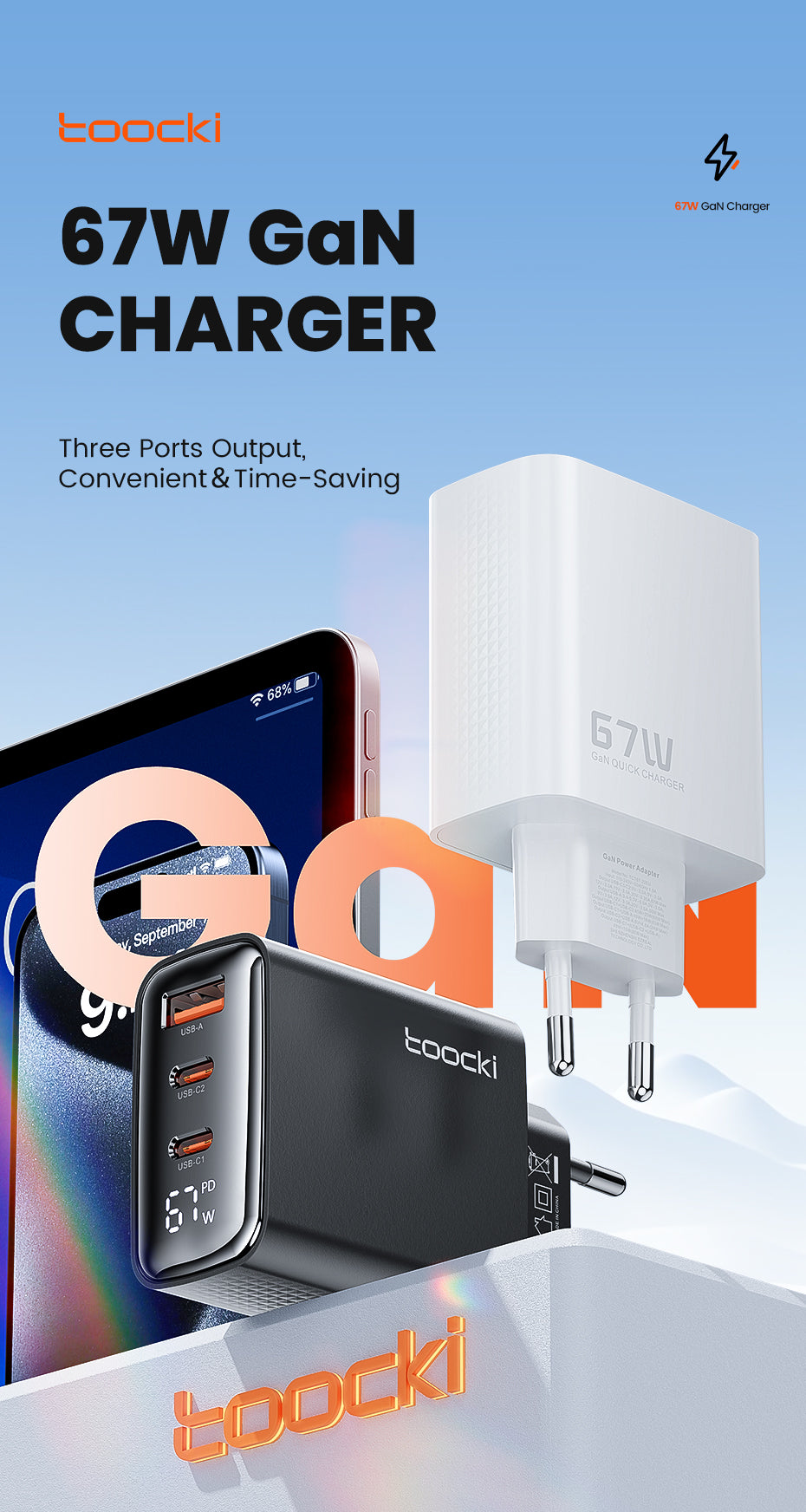 Toocki 67W GaN Fast Charger - 3 Portar (Snabbladdare)