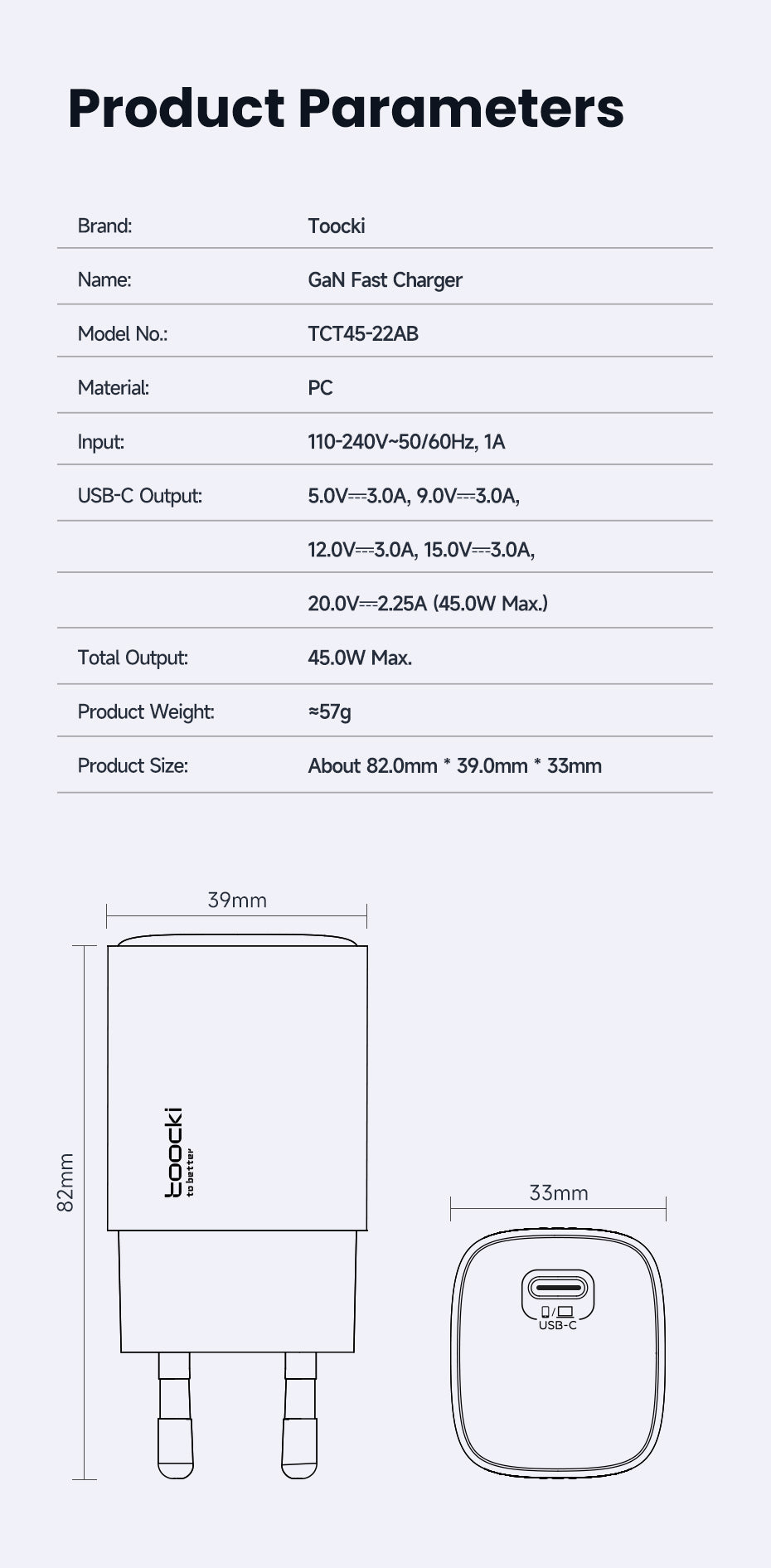 Toocki 45W USB-C Snabbladdare (GaN) - EU-kontakt