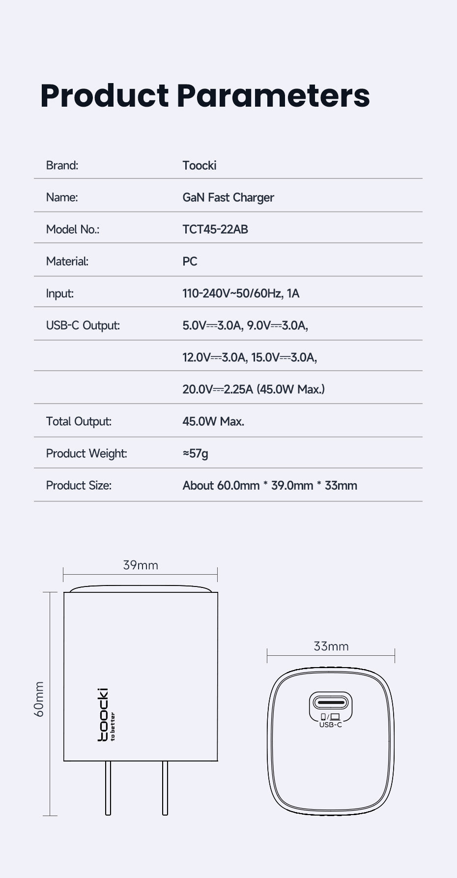 Toocki 45W USB-C Snabbladdare (GaN) - EU-kontakt