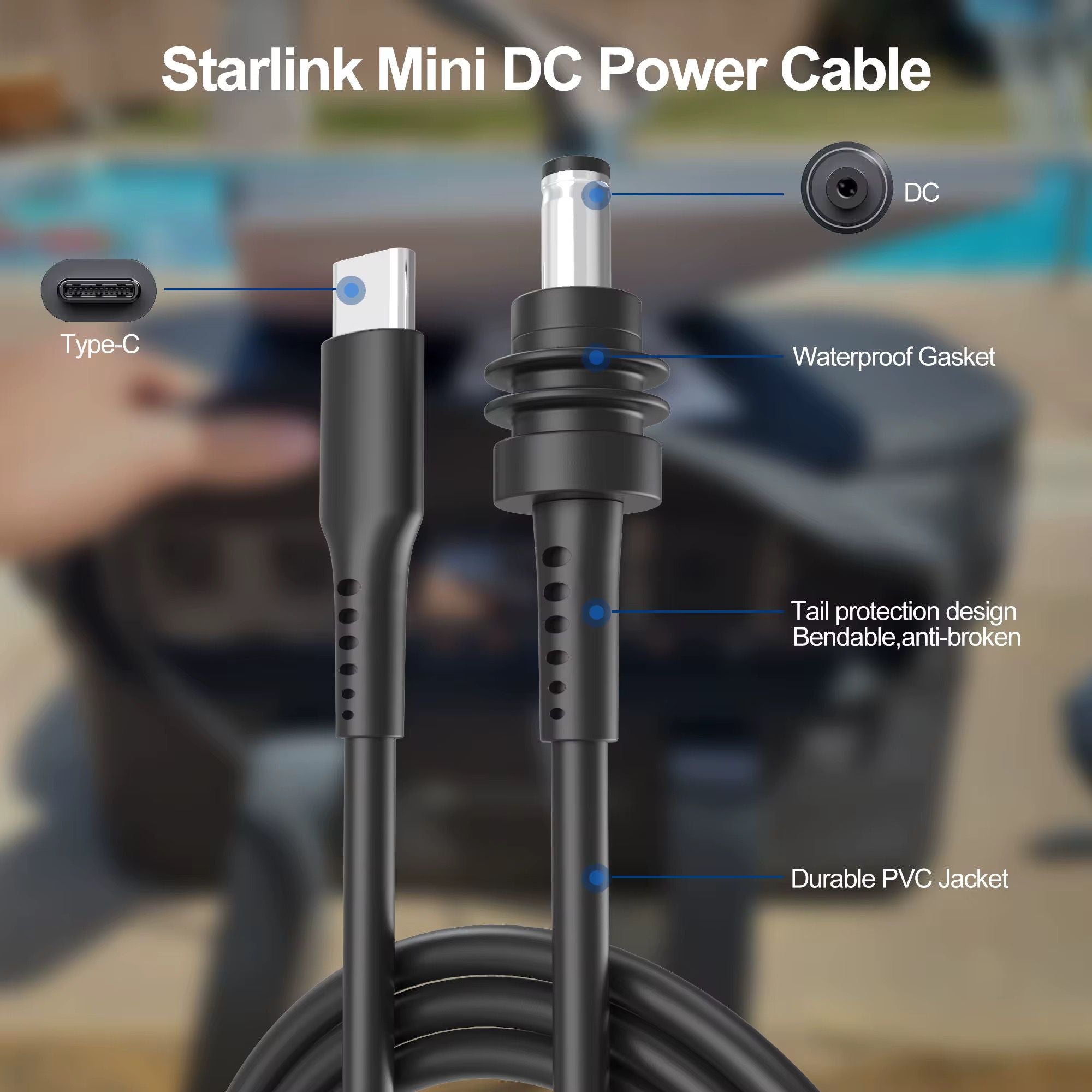 Starlink Mini DC to USB-C Power Cable - 65W PD Waterproof