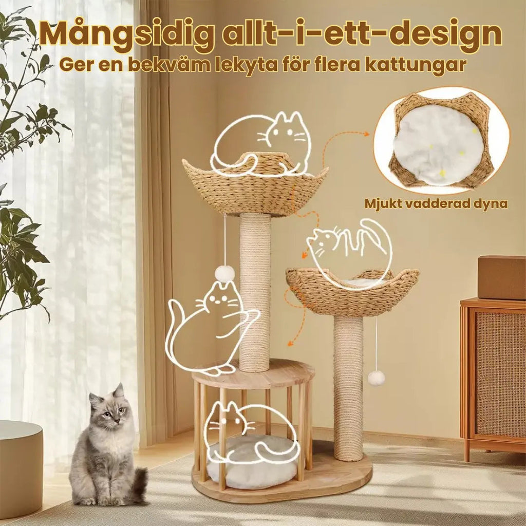 Lyxigt Klösträd & Aktivitetscenter i Bambustil för Katter – Natur/Vit