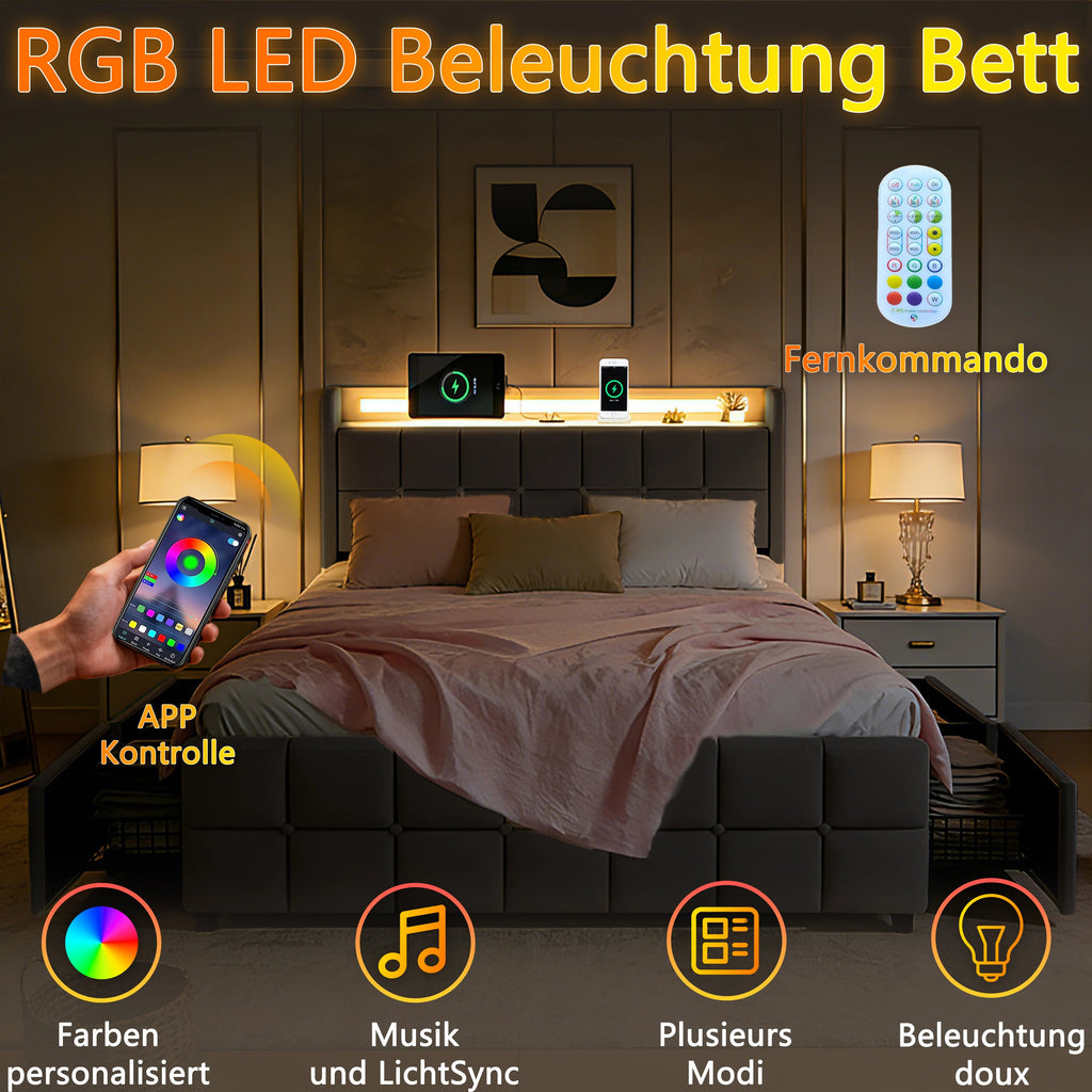 Sängram med LED-belysning, laddningsstation & 4 förvaringslådor – Grå
