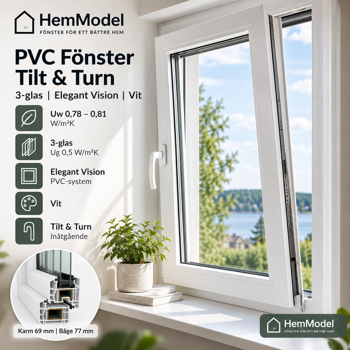 PVC Fönster Tilt & Turn | 3-glas | Elegant Vision | Vit